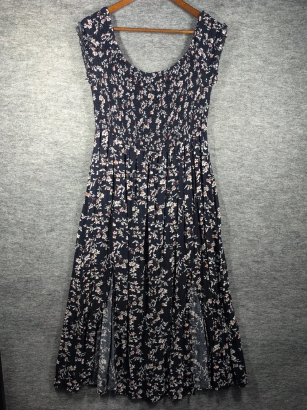 Navy Blue Floral Maxi Midi Smocked Dress Front Slit